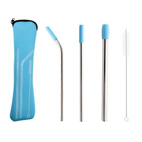 5pcs Set Stainless Steel Straws; Reusable Metal Straws With Silicone Tips; Sturdy Bent Straight Drinks Straw; Food Grade Straw; With 3pcs Straws; (Color: Blue)