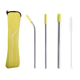 5pcs Set Stainless Steel Straws; Reusable Metal Straws With Silicone Tips; Sturdy Bent Straight Drinks Straw; Food Grade Straw; With 3pcs Straws; (Color: Yellow)
