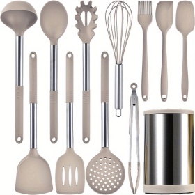 Kitchen Cooking Utensils Set, 12-piece Kitchen Utensils Set Non-stick Cooking Set Heat-resistant, BPA-Free, Silicone Handle Kitchen Tools (Color: Khaki)