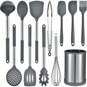 Kitchen Cooking Utensils Set, 12-piece Kitchen Utensils Set Non-stick Cooking Set Heat-resistant, BPA-Free, Silicone Handle Kitchen Tools (Color: Grey)